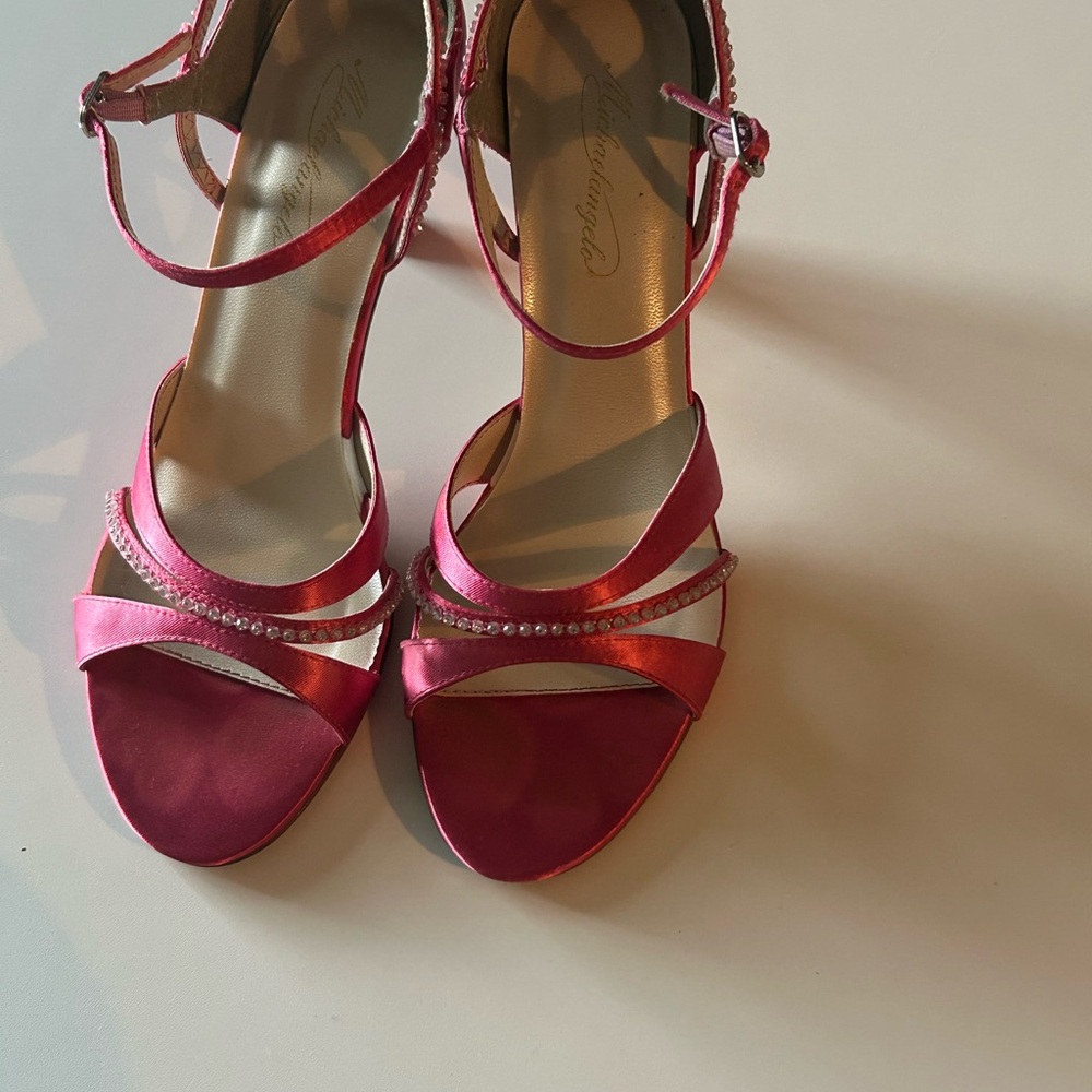Michaelangelo Pink Satin Heels with Rhinestone Straps